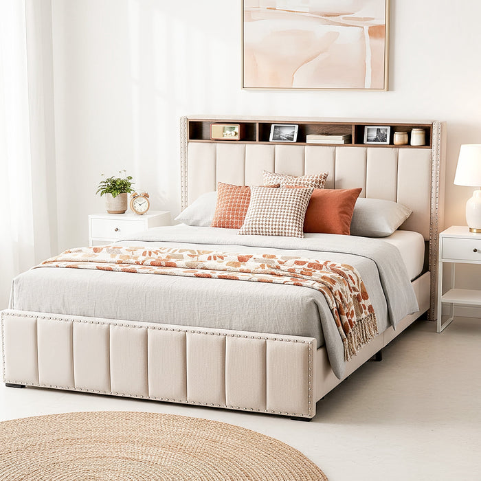 Blorly Full Size Bed Frame, Upholstered Wood Bed Frame with 4 Drawers and storage headboard, LED, Charging Station
