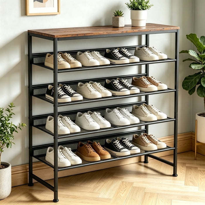 Taoset 29.5" 5-Tier Shoe Rack Organizer with Wooden Top, Adjustable Flat or Angled Mesh Shelves, Entryway Storage Shelf for 12-15 Pairs, Brown Oak