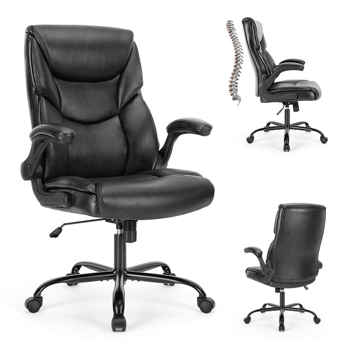 Betcozy Office Chair, Executive PU Leather Chair with Adjustable Flip-up Armrests, Ergonomic High Back Desk Chair with Lumbar Support, Thick Padded Home Office Chair, Heavy Duty Metal Base, Black
