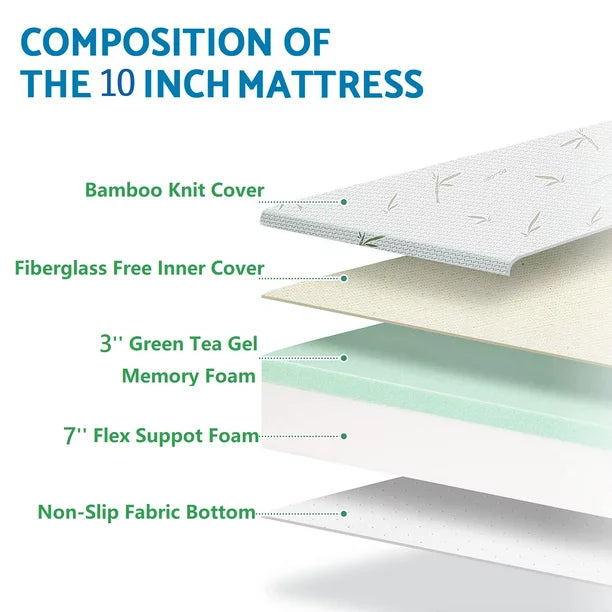 10 inch Mattress Full Size, Green Tea Gel Memory Foam Mattress with Bamboo Knit Cover, Made in USA