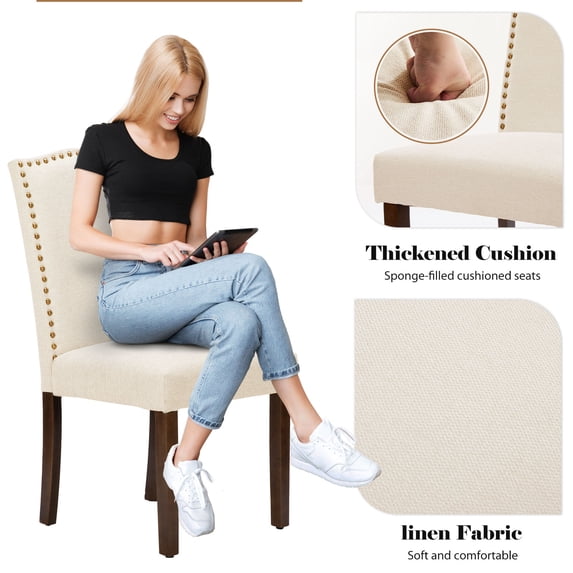 Dining Chairs Set of 2, Modern Upholstered Fabric Chairs with Nailhead Trim and Wooden Legs for Kitchen, Dining Room, or Living Room