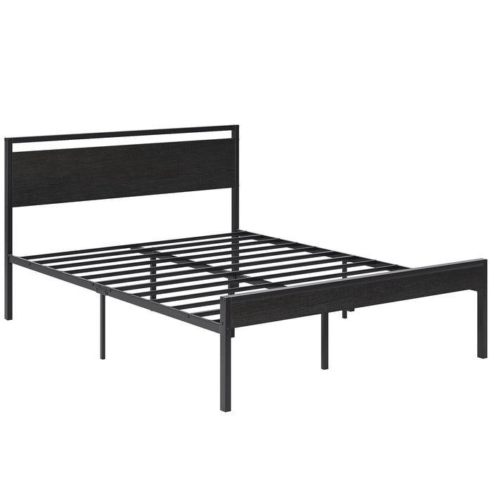 Blorly Queen Size Modern Metal Platform Bed Frame with Black Oak Wooden Headboard and Footboard, Heavy Duty Steel Slat Support, No Box Spring Needed, Noise-Free, Easy Assembly, Sleek Charcoal Black