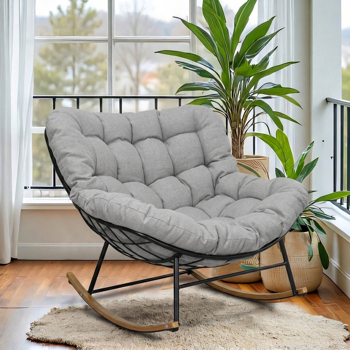 Taoset Oversized Rocking Papasan Chair with Thick Cushion, Rust-Resistant Metal Patio Rocker for Indoor & Outdoor, Heavy Duty 450lbs Capacity Lounge Chair, Gray