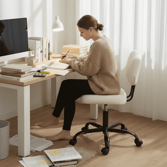 Desk Chair, Armless Activity Chair with Wheels, Comfy Low Back Swivel Task Chair, Beige