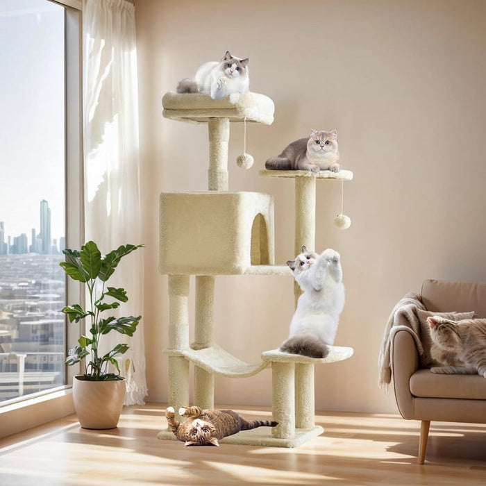Bigleap 44” Beige Cat Tree Tower for Indoor Cats, Multi-Level Climbing Activity Center with Hammock, Scratching Posts & Cozy Condo