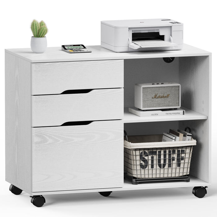 Bigleap 3-Drawer File Cabinet, Mobile Printer Stand with Open Shelves & Locking Wheels, Wood Rolling Storage Cabinet for Home Office Desk Organization,White