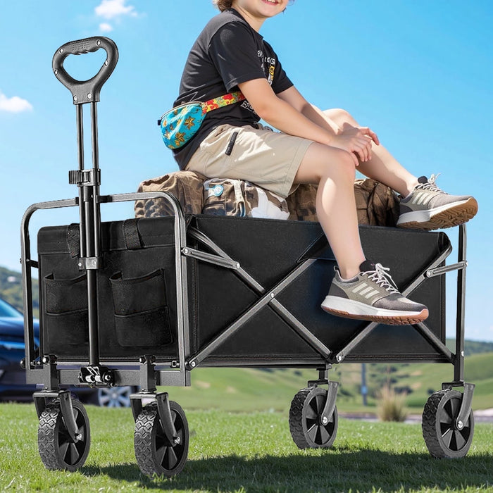 Blorly Foldable Wagon Cart, Collapsible Wagon Utility Cart with All-Terrain Wheels for Grocery Shopping, Camping, Fishing, Travel, Heavy Duty, 130L, Black