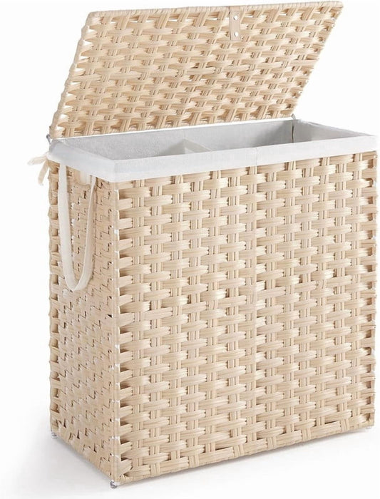Simenmax 110L Foldable Laundry Hamper with Lid, Woven Laundry Basket with Removable Washable Liner, Rattan Clothes Hamper Sturdy Steel Frame Rattan Basket, Sand