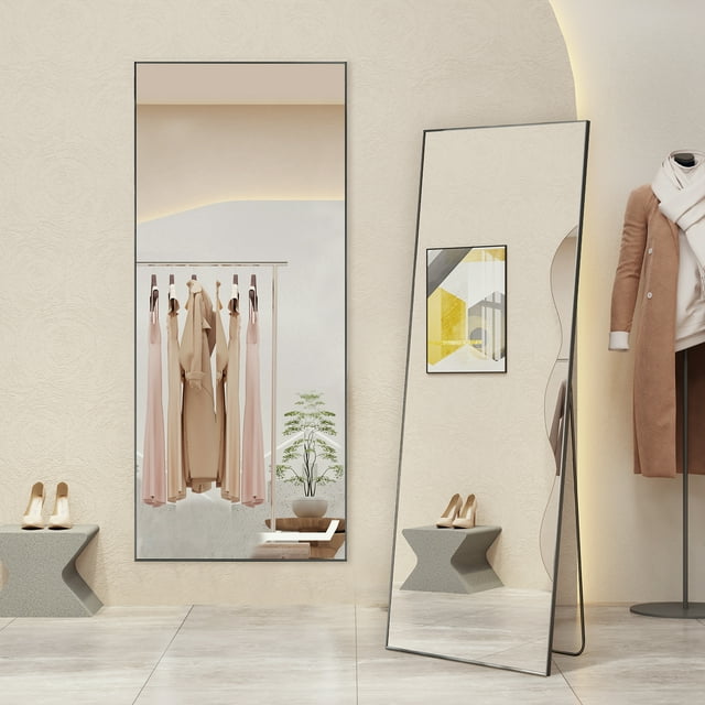Full Length Mirror Standing Rectangle Floor Mirrors Body Dressing Wall-Mounted Mirror, Black