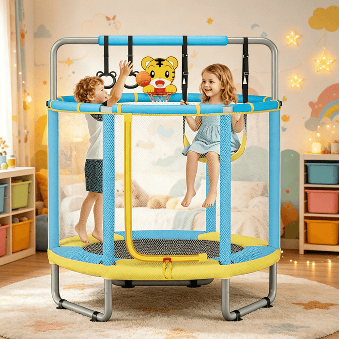 Blorly 55" Toddler Trampoline with Net, 4-in-1 Kids Trampoline with Swing, Gymnastic Bar, Basketball Hoop & Rings, 440lbs Capacity Indoor Outdoor Mini Trampoline, Birthday Gift for Kids Ages 1-8, Blue