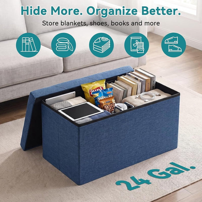 Nextay 30" Folding Storage Ottoman Bench, Linen Fabric Footrest Stool with Hidden Storage, Blue