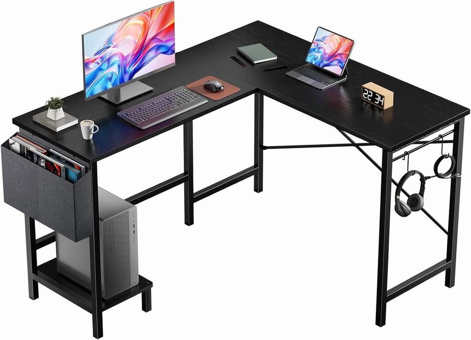 Simenmax Reversible L-Shaped Computer Desk with Storage Bag & CPU Holder, Corner Gaming Workstation, Black