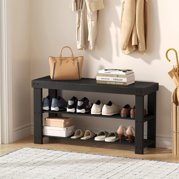 Betcozy 3-Tier Entryway Shoe Bench with Storage, Modern Minimalist Wooden Shoe Rack Organizer, Heavy Duty Seating Bench & Utility Shelf for Hallway, Living Room, Bedroom (27", Black