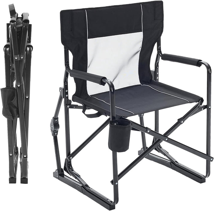 Simenmax Folding Rocking Camping Chair, Metal Frame Outdoor Chair with Waterproof Armrests & Cup Holder for Patio, Beach, Yard,Black