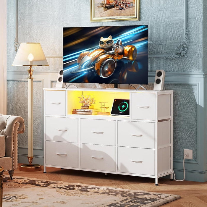 Bigleap LED TV Stand with Charging Station, Music-Sync Light Up Entertainment Center, 8 Fabric Drawer Dresser for Bedroom & Living Room, White(Fits 45-55 inch TV)
