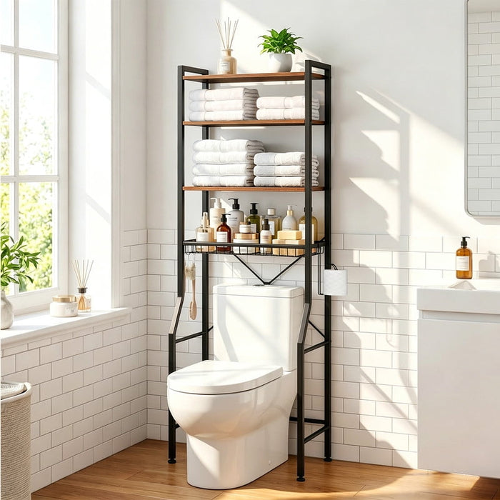 Simenmax Over-The-Toilet Storage Rack, 4-Tier Bathroom Organizer with Adjustable Shelves, Space-Saver Shelf Unit with Paper Holder & Hooks,Brown