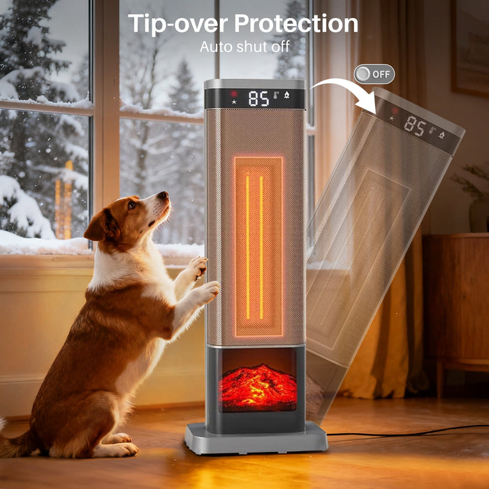 Betcozy Tower Space Heater with Flame Effect- 1500W Heating Electric Heater with 3 Light Modes, 60掳 Oscillation, Remote Control for Indoor Use (Silver)