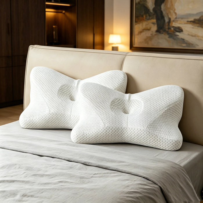 Memory Foam Cervical Neck Pillows Set of 2, Neck Pillow with Removable Cover, Suitable for Side Back Stomach Sleepers, White, King Size, 25.98 X 15.35 X 5.12 Inch