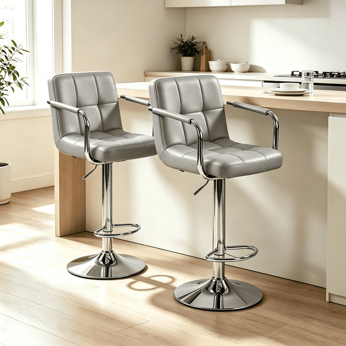 Betcozy Set of 2 Adjustable Swivel Bar Stools with Armrests, Quilted PU Leather with Chrome Base & Footrest, 350 Lbs Weight Capacity for Kitchen Island Home Bar, Gray