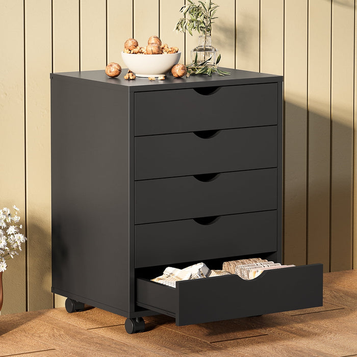 TINKLE WELL 5 Drawer Chest, Wooden Tall Dresser Storage Dresser Cabinet With Wheels-Black