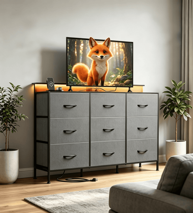 Betcozy 9 Drawer TV Stand with LED Lights & Power Outlet, 35" Tall Dresser for Bedroom & Living Room, Entertainment Center with Charging Station, 1.5mm Heavy-Duty Frame Storage Tower, Gray