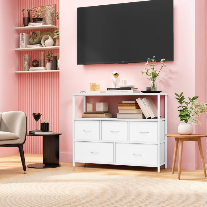 Blorly TV Stand, White Dresser for Bedroom, Entertainment Center for 45 Inch TV with Drawers, Fabric, Adjustable Feet, Living Room