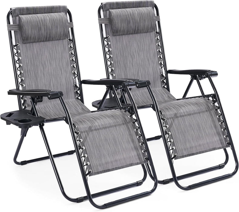 Simenmax Zero Gravity Chairs Set of 2 – Portable Folding Recliner with Cup Holder Trays & Adjustable Pillow for Beach, Camping, Patio, Poolside, Lawn, Grey