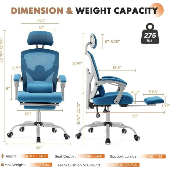 Office Computer Desk Chair, High-Back Ergonomic Mesh Swivel Chair with Lockable Recline, Adjustable Lumbar Support, Retractable Footrest & Padded Arms for Home Office, Study, and Gaming