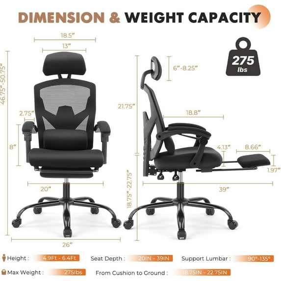 Office Computer Desk Chair, High-Back Ergonomic Mesh Swivel Chair with Lockable Recline, Adjustable Lumbar Support, Retractable Footrest & Padded Arms for Home Office, Study, and Gaming