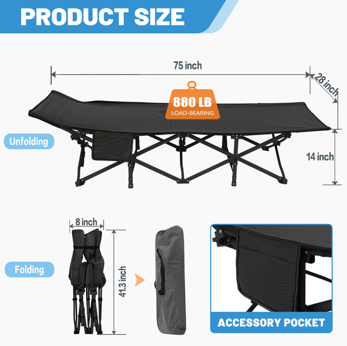 TINKLE WELL Folding Camping Cot, 75" Heavy Duty Bed for Adult, 1200D Oxford Fabric & Steel Frame, Supports 500lbs, Compact Portable Carry
