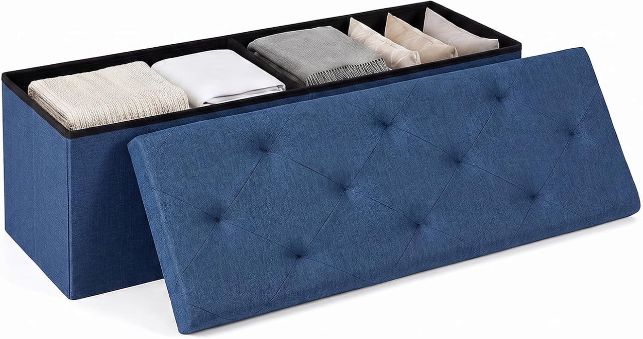 Simenmax 43-Inch Folding Storage Ottoman Bench, Linen Foot Rest Stool with Padded Seat, Heavy-Duty Bedroom Bench for Living Room, Entryway, or Home Office,Blue