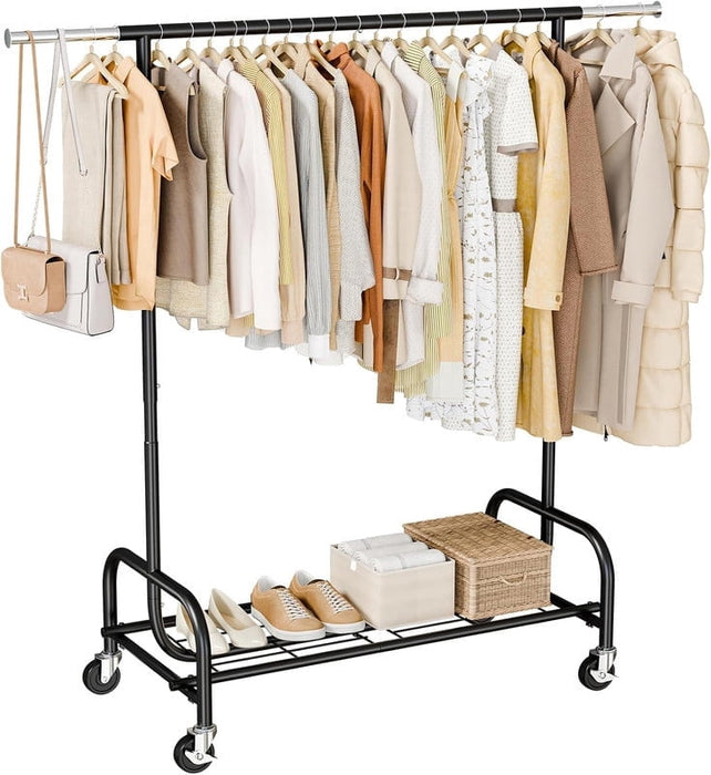 Simenmax Heavy Duty Clothes Rack, 450LBS Capacity Rolling Garment Rack with Mesh Storage Shelf and Lockable Wheels, Adjustable Width & Height, Black