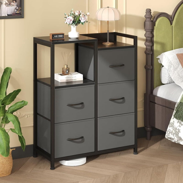 Bigleap 5 Drawer Fabric Dresser, 26" Wide Storage Tower with Side Cabinet & Open Shelf, Nightstand & Organizer for Bedroom, Closet, Entryway,Gray