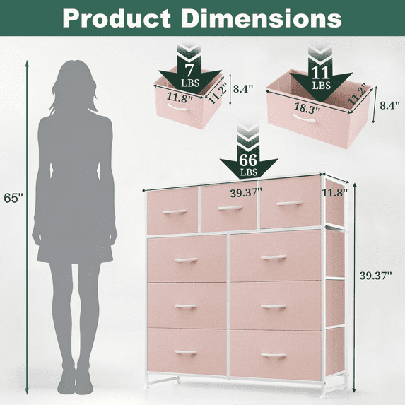 Aidoly 9-Drawer Dresser with Wooden Top, Adjustable Feet, Sturdy Metal Frame Dressers for Bedroom, Living Room