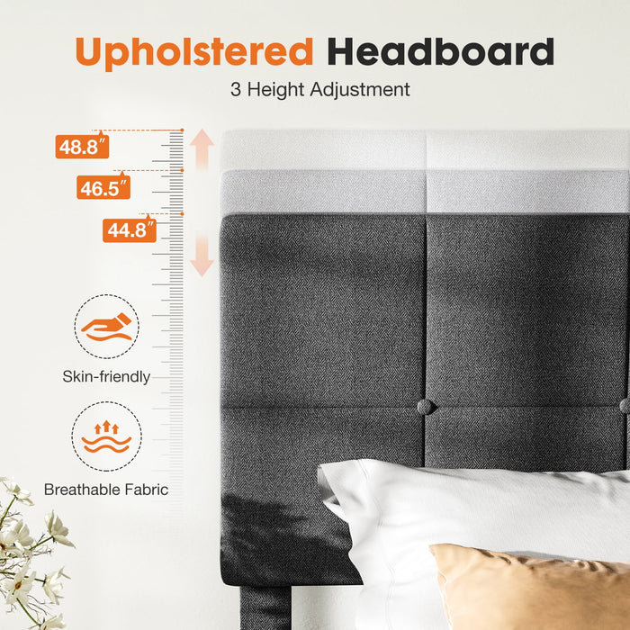 Twin Size Upholstered Platform Bed Frame with Adjustable Headboard, No Box Spring Needed with Sturdy Wooden Slats Support, Non-Slip and Noise-Free, Easy Assembly, Dark Grey
