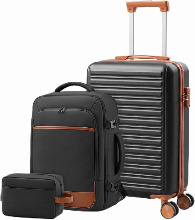 Simenmax 3-Piece Hardside Carry-On Luggage Set with Backpack & Toiletry Pouch, 20 Inch Spinner Suitcase, TSA Lock Lightweight Travel Set, Black Brown