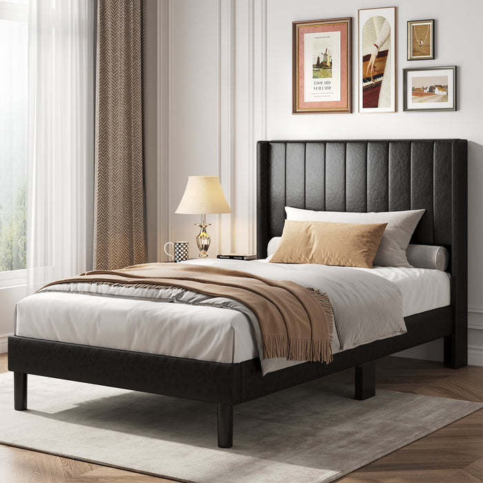 Blorly Upholstered Bed Frame with Wingback Headboard, Heavy Duty Vertical Channel Platform Bedframe, Faux Leather Mattress Foundation, No Box Spring Needed, Twin