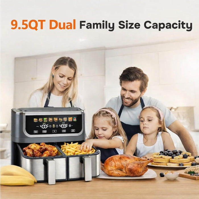 Nextay 9.5Qt Dual Basket Air Fryer, 1700W Digital Oven with Sync Cook, Independent Dual-Zone Temperature Control, Nonstick Dishwasher-Safe Baskets, Gray