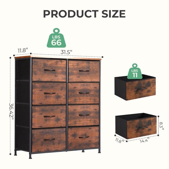 Aidoly Dresser for Bedroom, 8 Storage Drawers, Anti-Tip Fabric Closet Chests Organizer Tower Furniture with Wooden Top Metal Frame for Clothes, Living Room, Hallway, Entryway