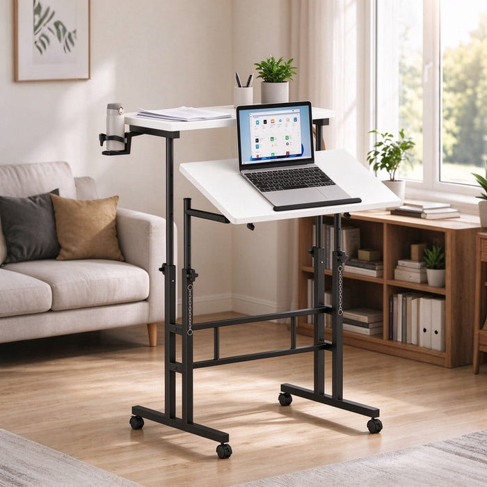 Taoset Adjustable Standing Desk on Wheels, Mobile Laptop Desk with Split Top and Tilt Function, Rolling Sit Stand Workstation for Home Office, White