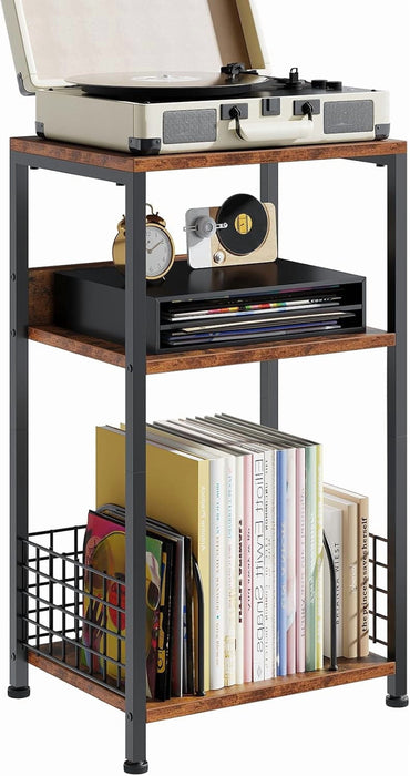 Taoset Record Player Stand, 3-Tier with Vinyl Storage Holds Up to 100 Albums, Turntable Stand, Small End Table for Living Room Bedroom, Brown