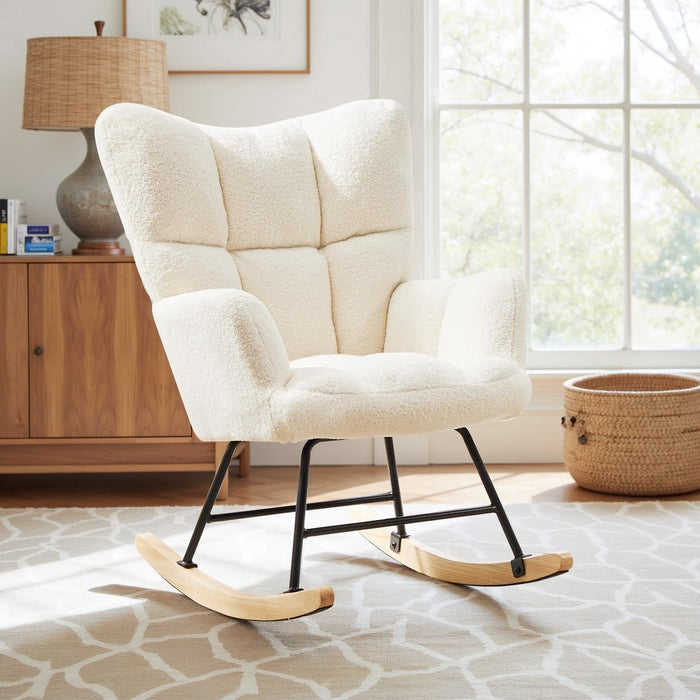 Taoset Rocking Chair, Indoors Glider Accent Armchair with High Backrest for Nursery, Bedroom, Teddy Fabric with Solid Wood Legs, Beige