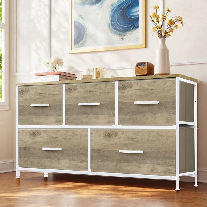 Ethovia 5-Drawer Fabric Storage Dresser, Sturdy Steel Frame with Wooden Tabletop, Wide Foldable Bins, Perfect for Bedroom, Hallway, and Entryway, Smoked Ash