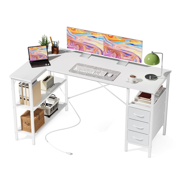 Taoset 55" L-Shaped Computer Desk with Charging Station, Industrial Corner Gaming Desk with Drawers & Side Storage Shelves, Large Dual Monitor Writing Workstation for Home Office Bedroom, White