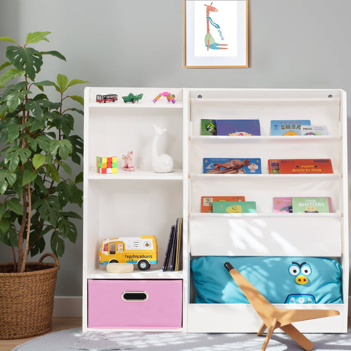 Blorly 4 Tier Kids Bookshelf- Storage Rack & 3 Layers Sling Pockets with drawer, Toddler Book Display Shelf