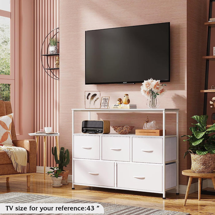 5 Fabric Drawer Dresser TV Stand for Bedroom, Entertainment Center for 45 Inch TV with Storage Drawer Unit, Open Shelf, Adjustable Feet, Living Room