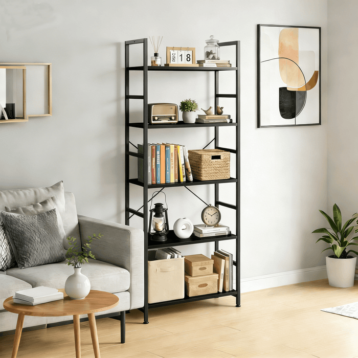 Blorly Bookshelf, 5 Tier Industrial Storage Shelf, Large Capacity Metal & Wooden Bookcase for Family, Study Room, Heavy Duty,Black