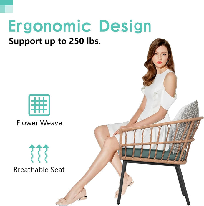 3 Pieces Outdoor Furniture Patio Bistro Set All-Weather Wicker Conversation Set with Tempered Coffee Table, Wicker Chairs, Cushions and 2 Back Pillows for Front Porch Balcony Backyard Deck