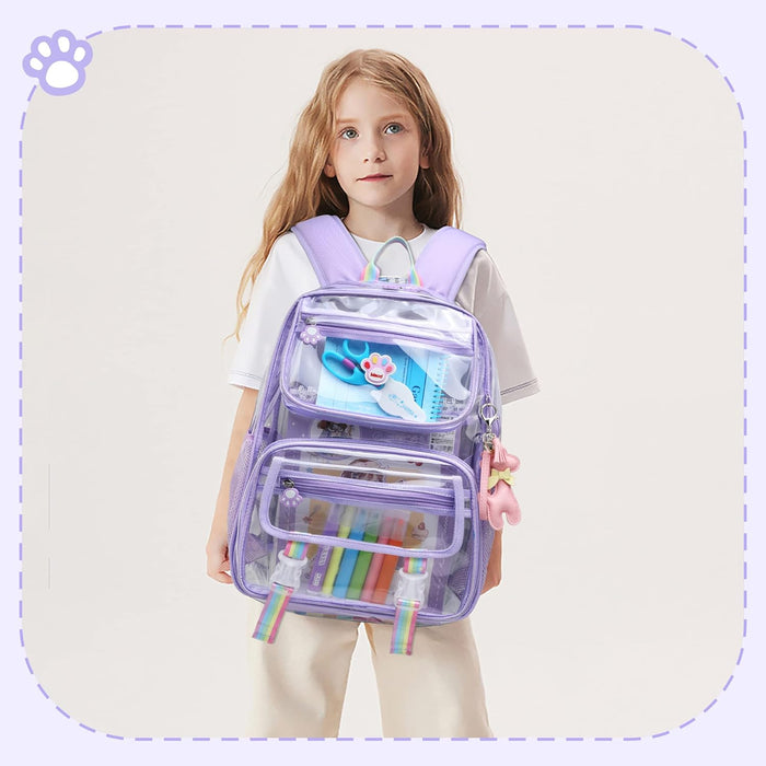 Clear Backpack for Girls, Cute Transparent Heavy Duty Stadium Approved PVC Kids School Book Bags With Free Pendant As Gift, Purple