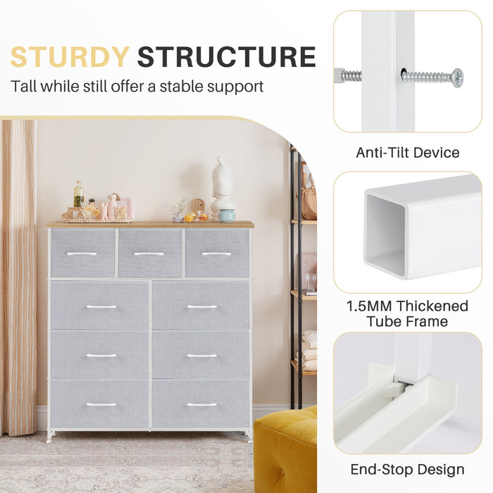 Bigleap 9 Drawers Dresser for Bedroom, Fabric Dresser with Sturdy Steel Frame, Wooden Top & Easy Pull Fabric Bins,Light Gray